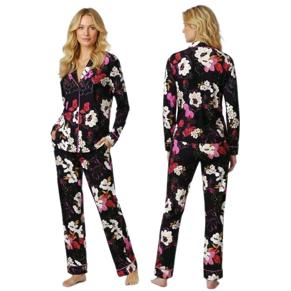 Room Service Women's M Stretch Jersey Knit 2pc Collared Pajama Set Black Floral